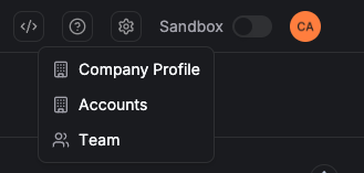 Settings menu dropdown showing Company Profile, Accounts, and Team options