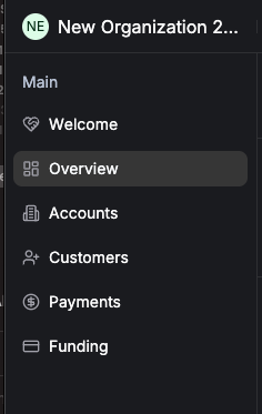 Main navigation sidebar showing Welcome, Overview, Payments, Customers, and Funding links