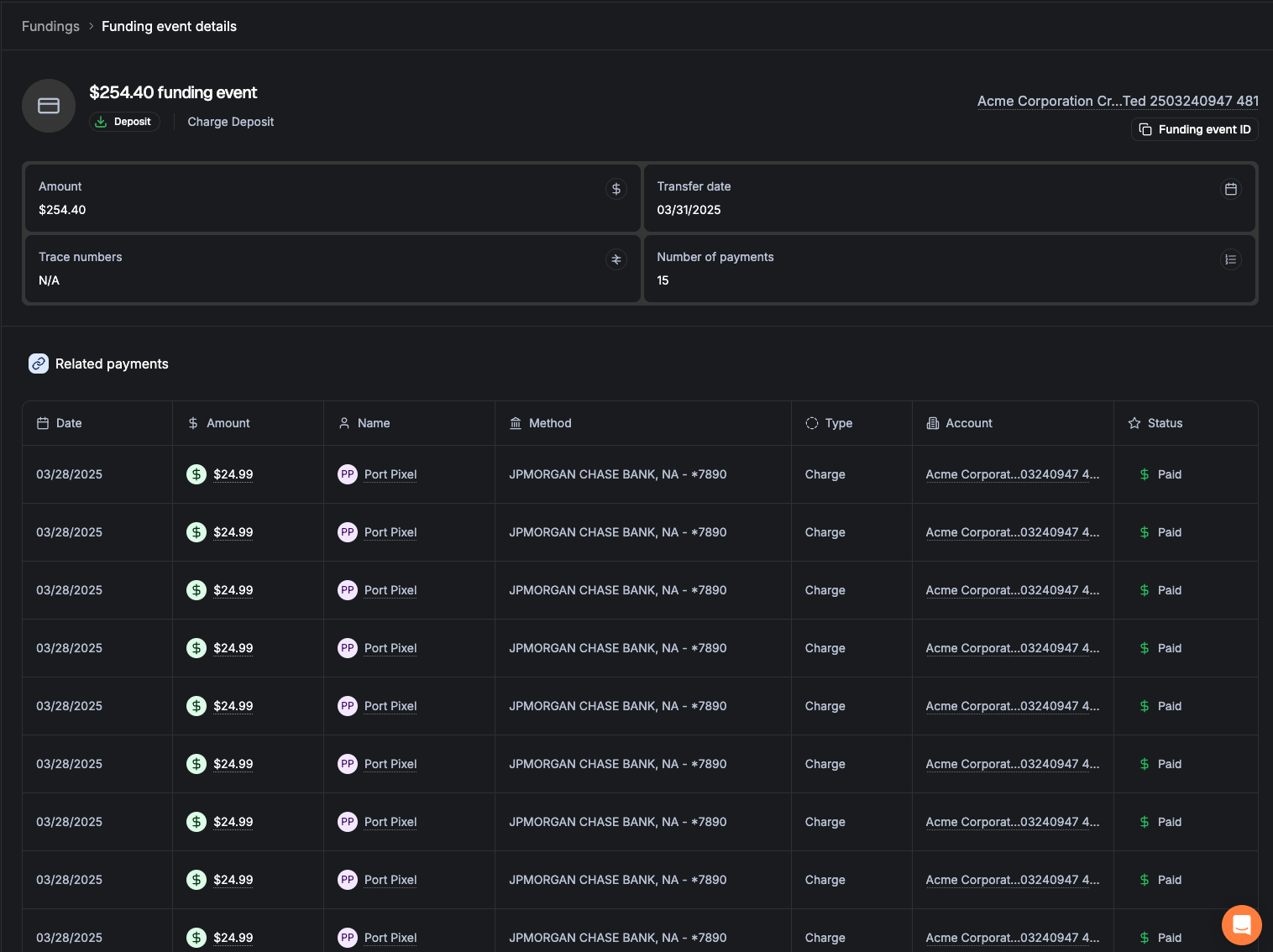 Funding event detail page showing amount, direction, and included payments