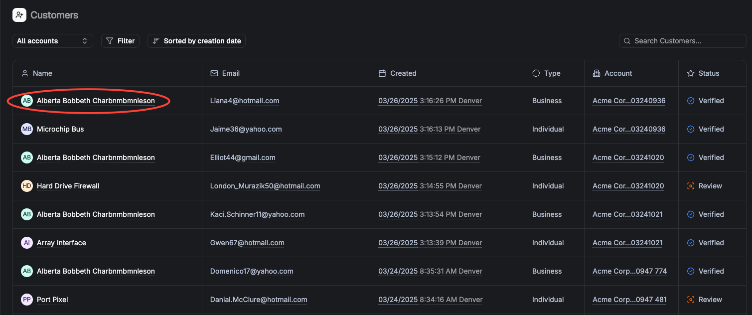 Customer list showing names, contact details, and transaction info
