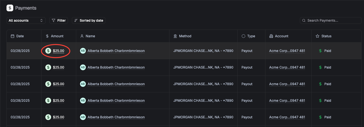 Payments list page showing multiple transactions with statuses