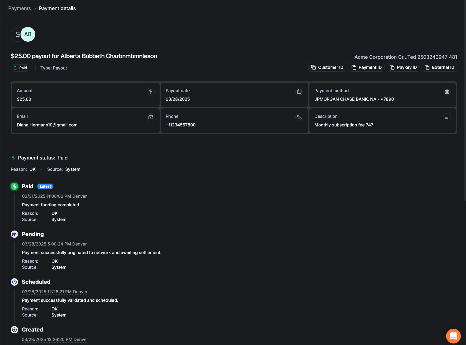 Payment detail page showing payment information, customer details, and timeline